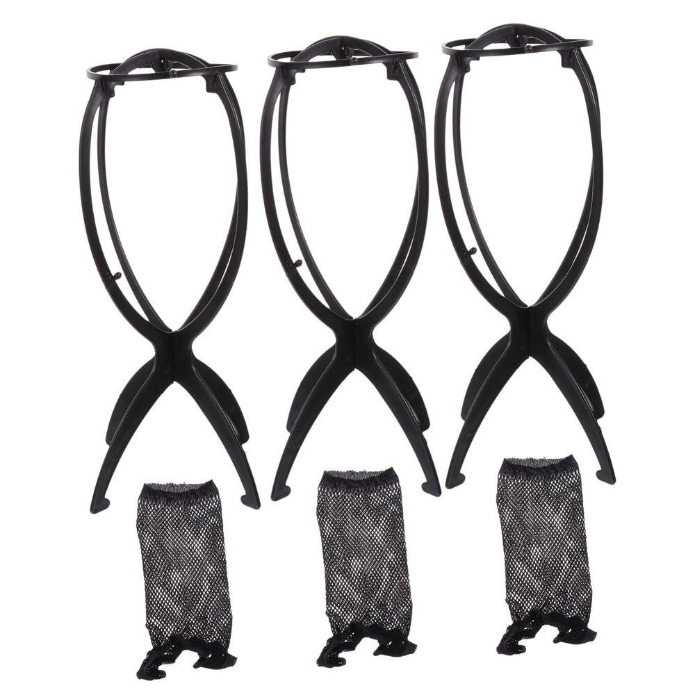 WOONEKY 3pcs Wig Stand Set Holder and Wig Nets Portable Display Rack for Easy Drying and Storage of Multiple for Travel and Home Use