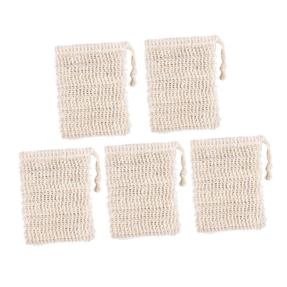 BELLIFFY 5pcs Plant Jute Mesh Soap Bag Shower Soap Saver Pouch Drawstring Light Yellow Soft Exfoliating Material Easy to Use