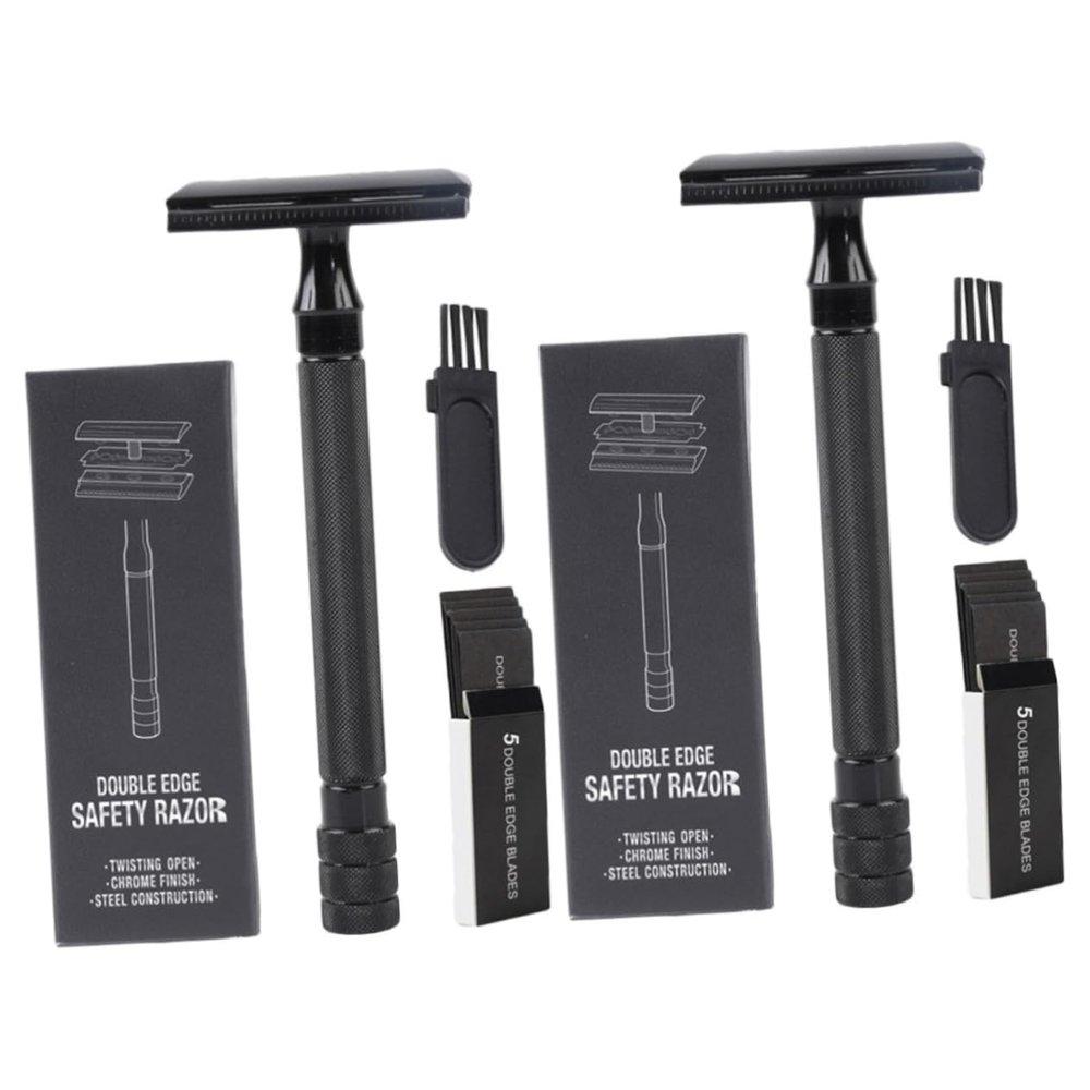 WOONEKY 2sets Men Safety Razor Kit Double-edge Razor Blades Manual Shaving Cutter for Beard Face Leg Travel
