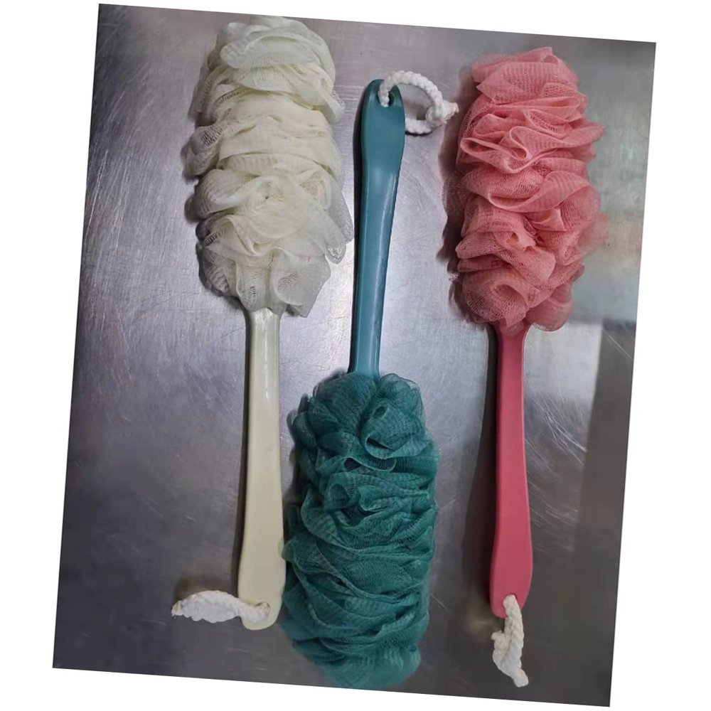 COOLHIYA 3pc Handle Bath Gauze Scrubber Exfoliating Shower Sponge for Soft Mesh Bath Flower Beige and for Daily Use
