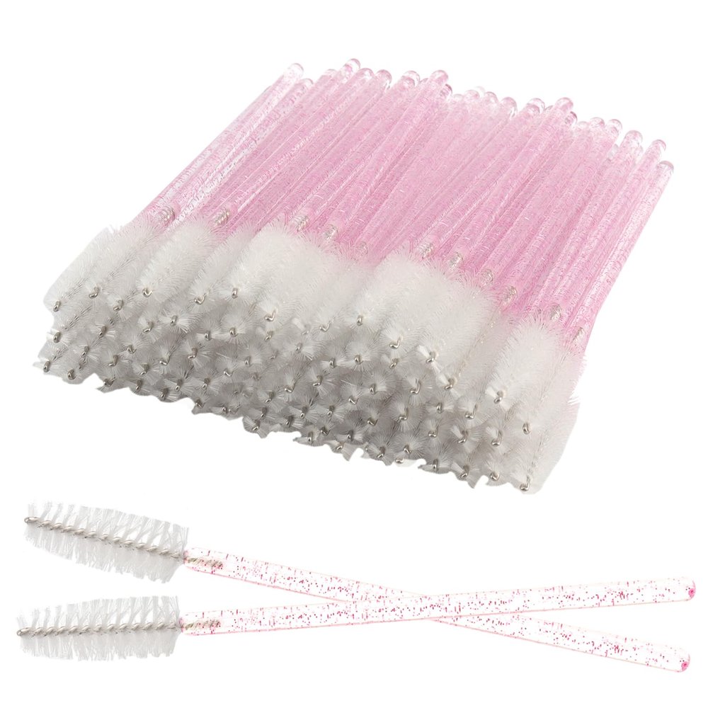 100 PCS Crystal Eyelash Mascara Wands Disposable Lash Brushes for Extensions Spoolie Brush Applicators Makeup Tool Kits (Pink handle White)