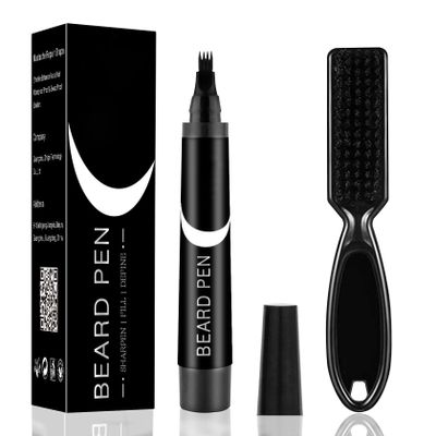 Beard Pencil Filler for Men, Waterproof High Coverage Beard Pen Kit with Beard Brush,Sweatproof Long Lasting Mustache Eyebrows Repair Pen with 4 Micro-Fork TipsBlack