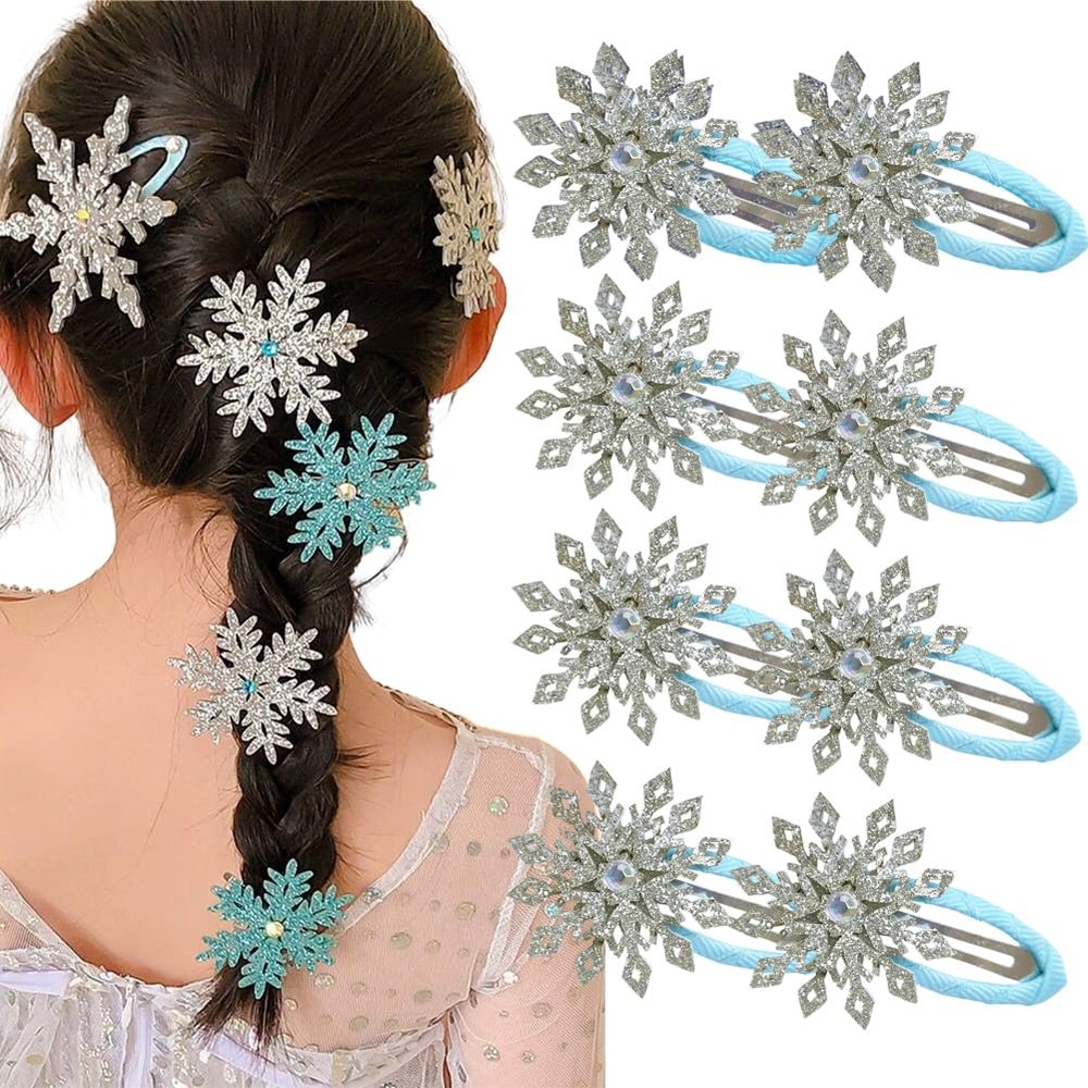 8PCS Snowflake Hair Clip Blue White Christmas Hair Accessories for Women Xmas Bow Hair Clip Festive Snowflake Hairpins Holiday Hair Accessory Party Gifts Silver