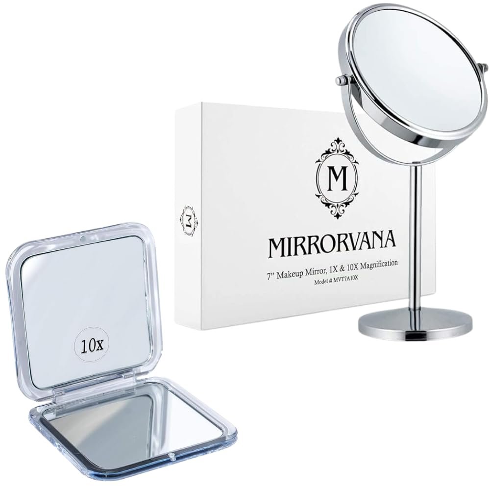 10X/1X Magnifying Makeup Mirror with Stand for Tabletop, Bedroom Vanity Desk, and Bathroom & 10X Magnifying Makeup Mirror for Travel -Portable, Handheld Compact Mirror for Women Bundle