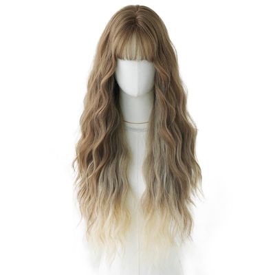 Aefuizey Women's Blonde Brown Teased Beige Long Wavy Curly Wig with Bangs, Fluffy and Natural
