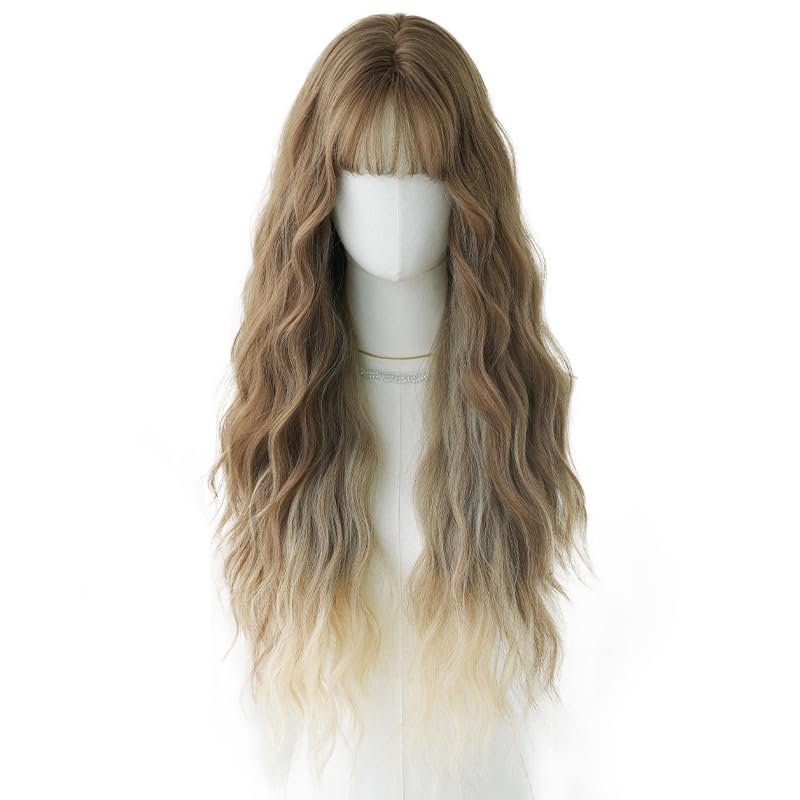Aefuizey Women's Blonde Brown Teased Beige Long Wavy Curly Wig with Bangs, Fluffy and Natural