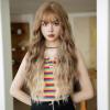 Aefuizey Women's Blonde Brown Teased Beige Long Wavy Curly Wig with Bangs, Fluffy and Natural view 2