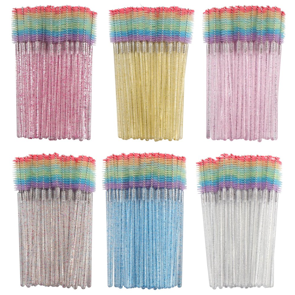 300PCS Disposable Mascara Wands Spoolie Brush Crystal Eyebrow Brushes Eyelash Extension Applicator Makeup Kits.myaokue-up (Rainbow Heads 6 Color Mix)