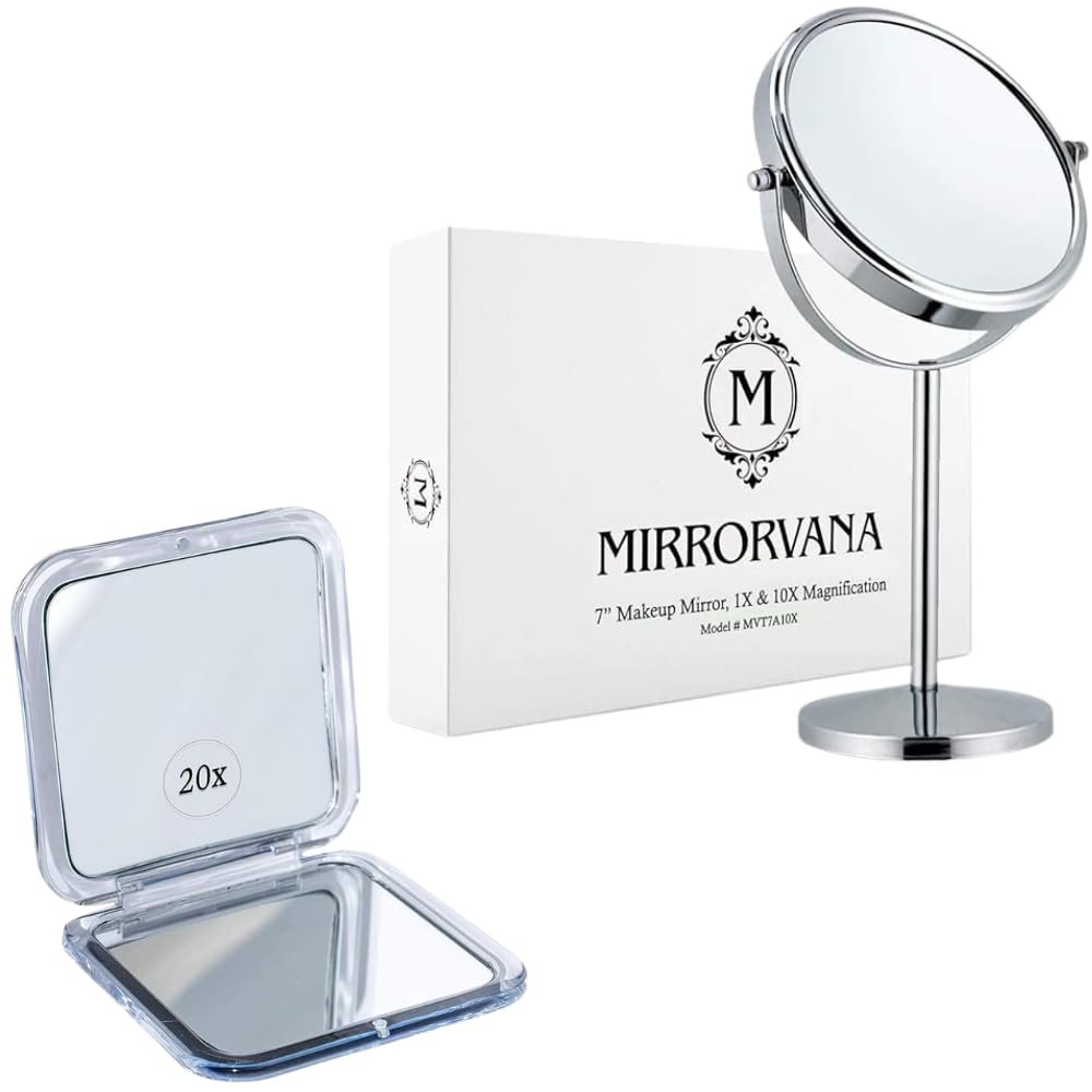 10X/1X Magnifying Makeup Mirror with Stand for Tabletop, Bedroom Vanity Desk, and Bathroom & Small Pocket-Sized 20X Magnifying Mirror for Travel - Compac, Handheld, Foldable & Lightweight Makeup Mir