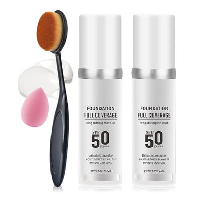2PCS Color Changing Foundation Makeup Set, Full Coverage Liquid Makeup Foundation with Brush, Moisturizing Oil Control Foundation Color Changing Makeup, Waterproof Matte Concealer with Makeup Sponge