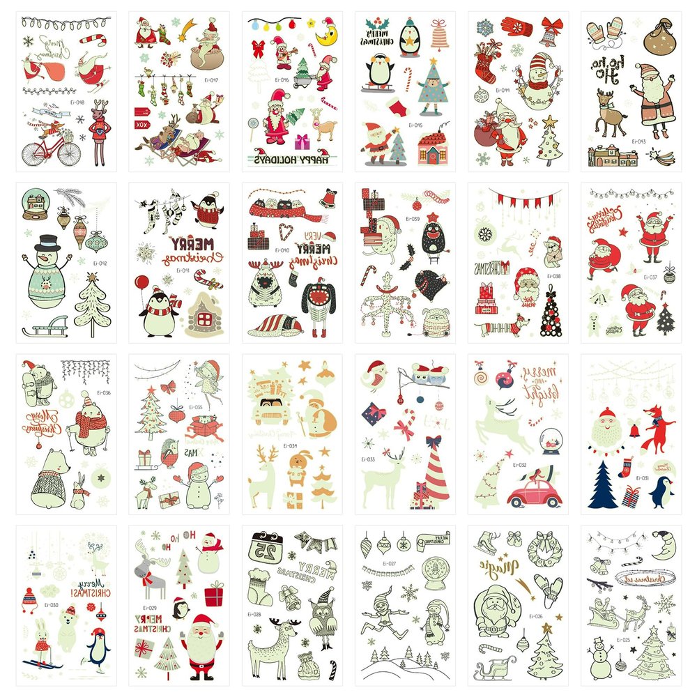 24 Sheets Glow in the Dark Christmas Tattoos, Christmas Glitter Temporary Tattoos Stickers Christmas Party Decorations Supplies for Kids Holiday Xmas Party Favors Christmas Eve Stocking Stuffer Gift