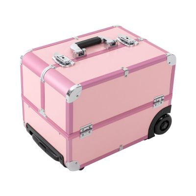 Dodoam Rolling Makeup Case,Makeup Case with 6 Trays, Lockable Rolling Makeup Case, Multi-layer Makeup Case with Key for Professional Makeup Artists, Hairstylists (Pink)
