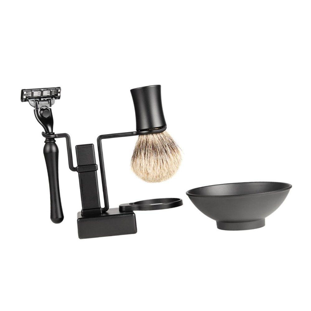 SOESFOUFU 2pcs Shaving Stand Set Soap Bowl and Brush Holder Metal Razor Rack for Men Grooming Space-saving Design Black for Bathroom Countertops