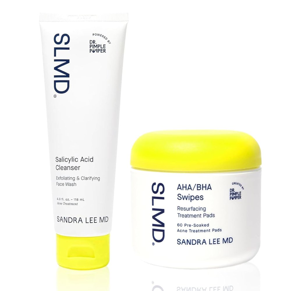 SLMD by Dr. Pimple Popper | Salicylic Acid Cleanser 4 fl oz & 60 AHA/BHA Swipes | Exfoliating Gel Cleanser & Resurfacing Pads Treats & Prevents Acne Unclog Pores, Brighten Skin, Minimize Aging Signs