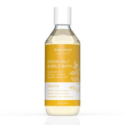 Deep Steep Epsom Salt Bubble Bath, Breathe, 10 oz  Spa Soak with Epsom Salt, Peppermint, Lemon & Essential Oils  Vegan, Clean Beauty, Muscle Relief & Sinus Support