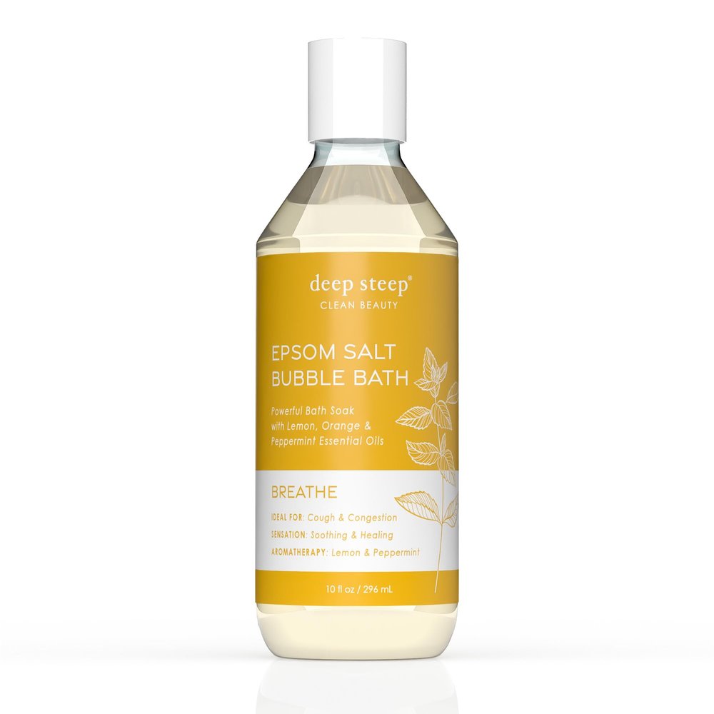 Deep Steep Epsom Salt Bubble Bath, Breathe, 10 oz  Spa Soak with Epsom Salt, Peppermint, Lemon & Essential Oils  Vegan, Clean Beauty, Muscle Relief & Sinus Support