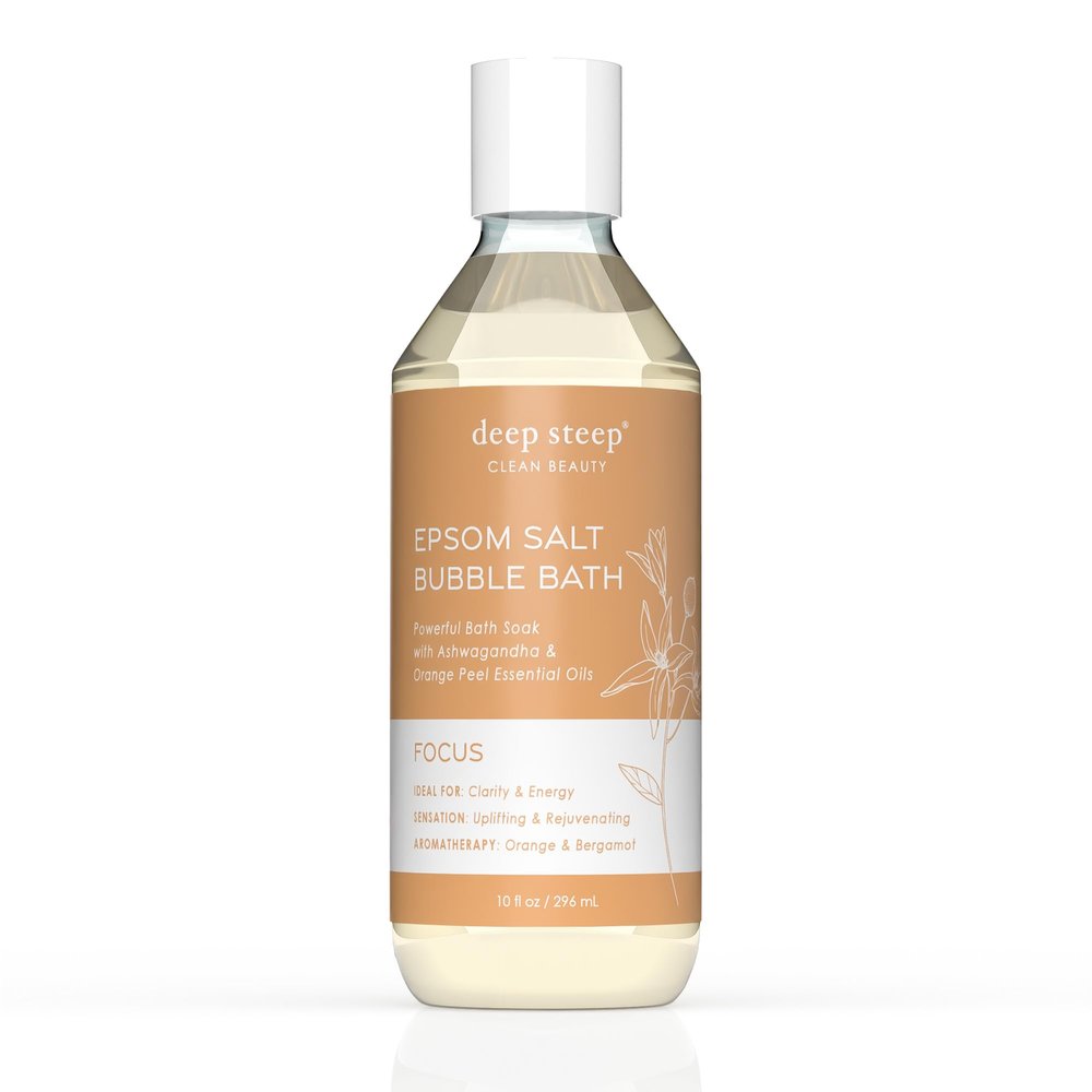 Deep Steep Epsom Salt Bubble Bath, Focus, 10 oz  Spa Soak with Epsom Salt, Ashwagandha, Orange Peel & Essential Oils  Vegan, Clean Beauty, Muscle Relief & Mental Clarity