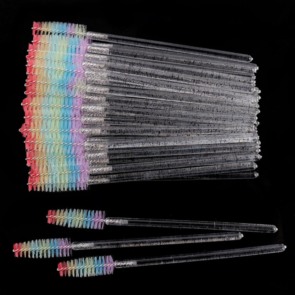 50 Pcs Disposable Mascara Wands, Crystal Eyebrow Spoolies Colorful Brush Head for Eyelash Extensions Lash Brushes Black
