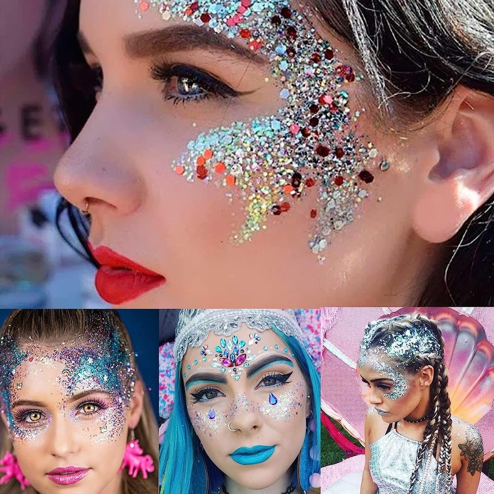 Festival Glitter Gel - Mermaid Holographic Chunky Sequins for Face, Hair, Eye Makeup, 32 oz