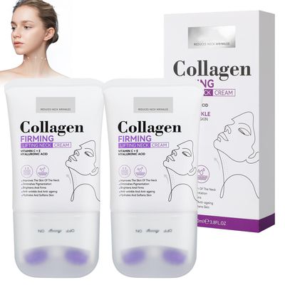 DOUNIU 2Pcs Neck Collagen Cream with Roller,Lift Neck Firming Cream, for Tightening and Firming Sagging Skin, Moisturizing Body Cream Reduces the Look of Fine Lines and Wrinkles