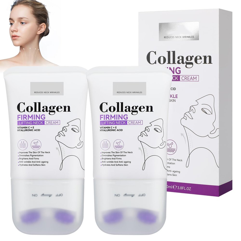 DOUNIU 2Pcs Neck Collagen Cream with Roller,Lift Neck Firming Cream, for Tightening and Firming Sagging Skin, Moisturizing Body Cream Reduces the Look of Fine Lines and Wrinkles
