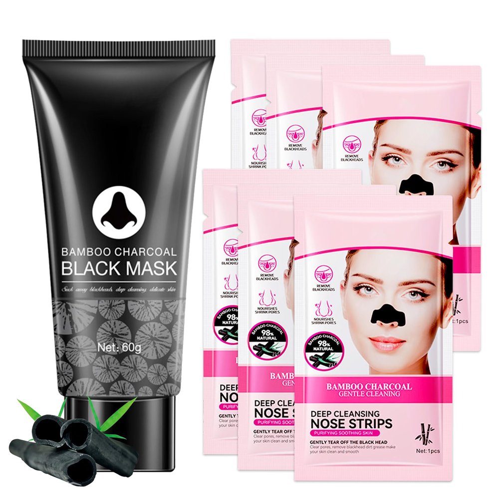 Blackhead Remover Peel Off Face Mask,Deep Cleansing Black Head Remover Mask for Face Nose,Blackhead Pores Remover Facial Mask and 6 Charcoal Blackhead Removal Pore Strips Set for All Skin Types7PCS