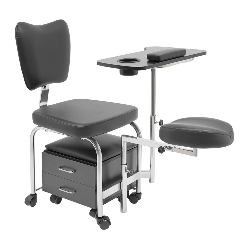 SHOUMANUAL Manicure Pedicure Chair Nail Table, Professional Nail Desk Workstation with Rolling Wheels & Storage Drawers, Adjustable Height for Nail Tech, Beauty Spa Salon (Black)