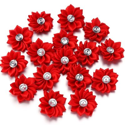 20Pcs/Lot Mini Satin Ribbon Flowers 4Cm Multicolor Rhinestones Handmade Flower for DIY Hair Clip Clothing Decoration Accessories