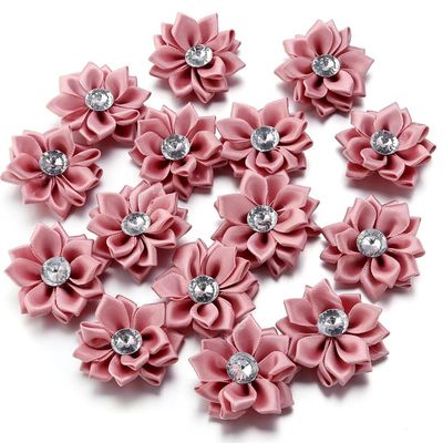 20Pcs/Lot Mini Satin Ribbon Flowers 4Cm Multicolor Rhinestones Handmade Flower for DIY Hair Clip Clothing Decoration Accessories