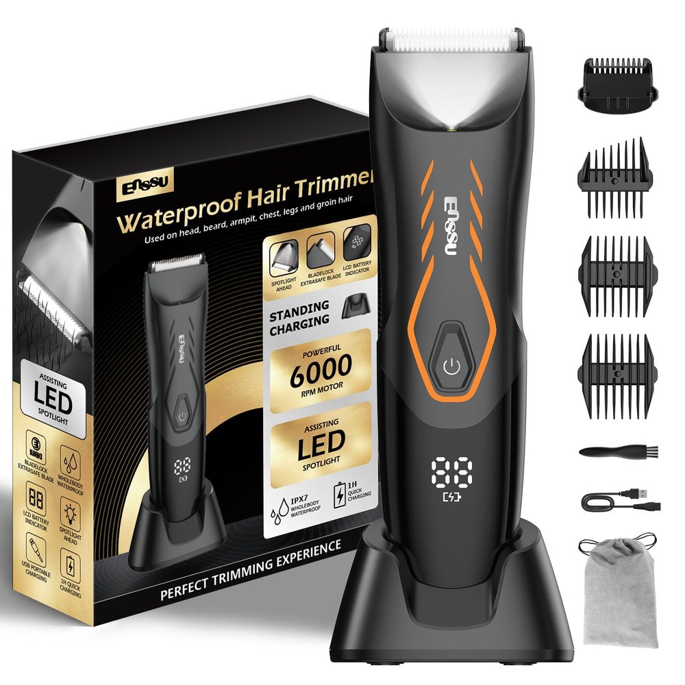 ENSSU Manscape Body Hair Trimmer for Men, Pubic Groin Hair Trimmer for Men with Safe Blade,Cordless Ball Shaver w/Light, Charging Dock,Waterproof Body Groomer Man,LED Display,1H Charge,Orange