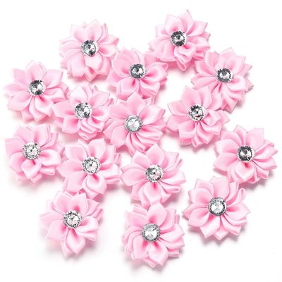 20Pcs/Lot Mini Satin Ribbon Flowers 4Cm Multicolor Rhinestones Handmade Flower for DIY Hair Clip Clothing Decoration Accessories