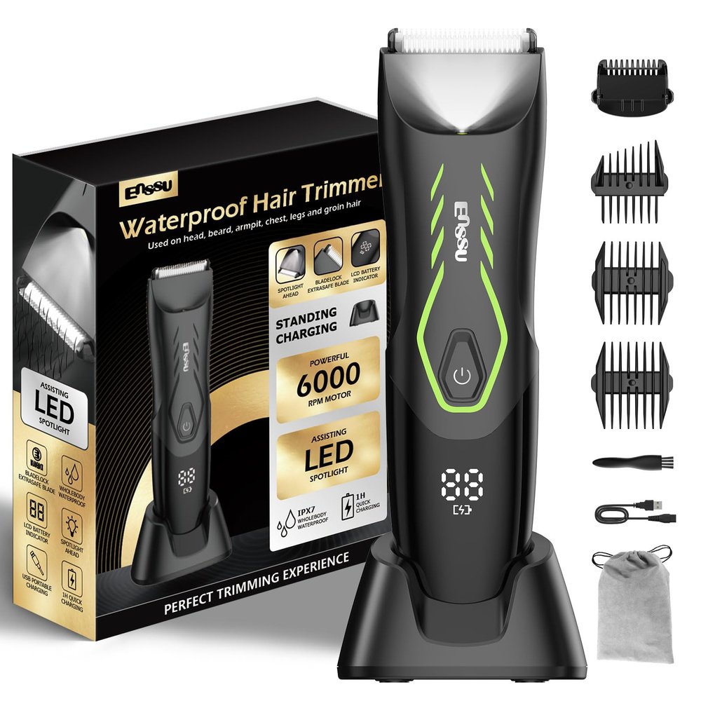 ENSSU Manscape Body Hair Trimmer for Men, Pubic Groin Hair Trimmer for Men with Safe Blade, Cordless Ball Shaver w/Light, Charging Dock, Waterproof Body Groomer Man, LED Display, 1H Charge,Green