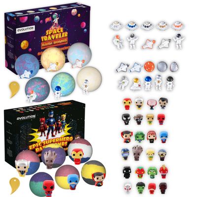 EvolutionUSA 6pc Epic Superhero Bath Bombs for Kids with Toys Inside & 6pc Space Bath Bomb Set with Toy Bundle, Organic Children Bath Bombs for Boys & Girls, Superhero & Gazlaxy Bath Balls for Kids