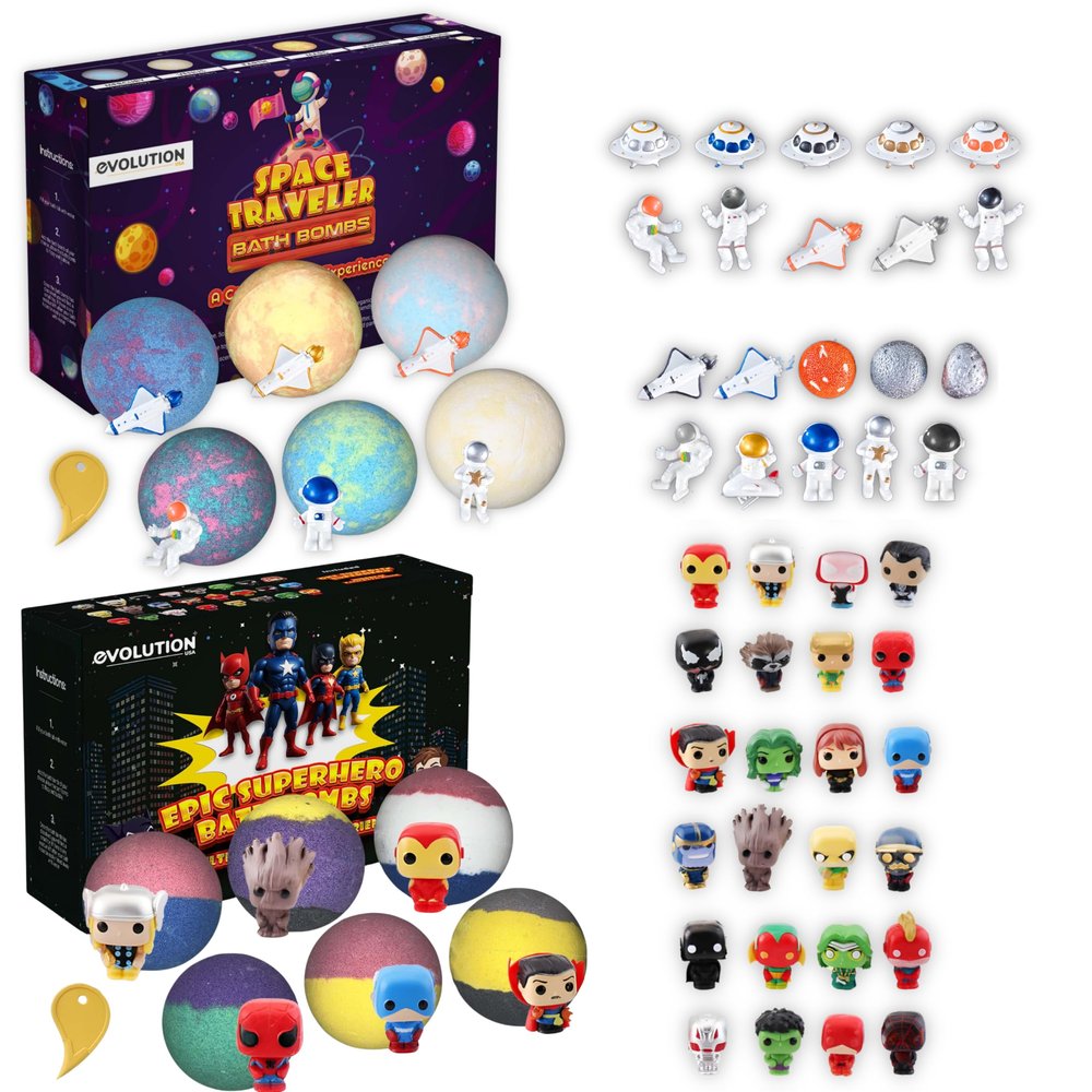 EvolutionUSA 6pc Epic Superhero Bath Bombs for Kids with Toys Inside & 6pc Space Bath Bomb Set with Toy Bundle, Organic Children Bath Bombs for Boys & Girls, Superhero & Gazlaxy Bath Balls for Kids
