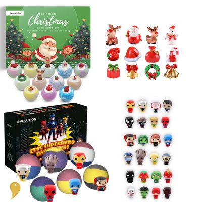 EvolutionUSA Epic Superhero Bath Bombs for Kids with Toys Inside & EvolutionUSA Christmas Bath Bomb Set with Toy, Holiday & Superhero Children Bath Bombs, Stocking Stuffer Bath Balls for Boys & Girls