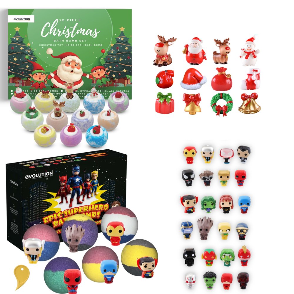 EvolutionUSA Epic Superhero Bath Bombs for Kids with Toys Inside & EvolutionUSA Christmas Bath Bomb Set with Toy, Holiday & Superhero Children Bath Bombs, Stocking Stuffer Bath Balls for Boys & Girls
