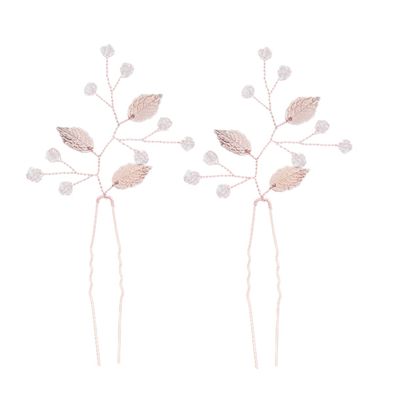 2Pcs Handmade Alloy Leaf Pearl Hair Stick Crystal for Women
