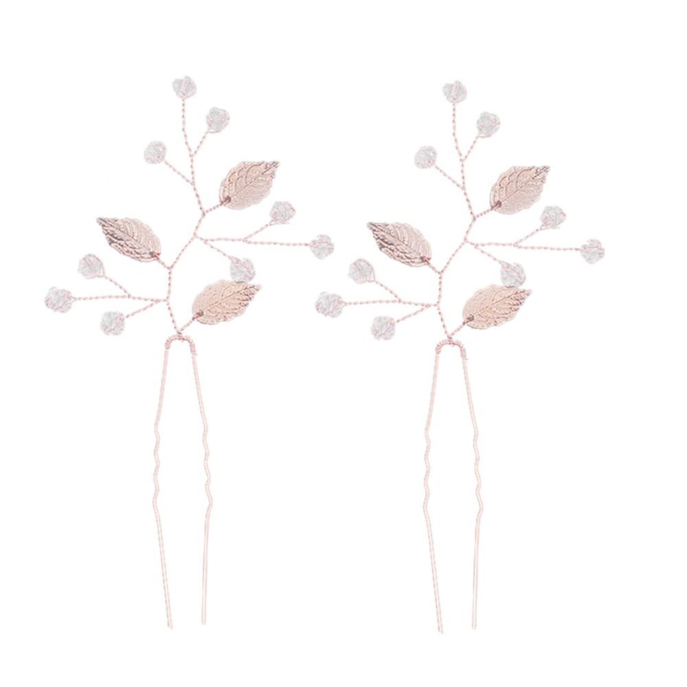 2Pcs Handmade Alloy Leaf Pearl Hair Stick Crystal for Women