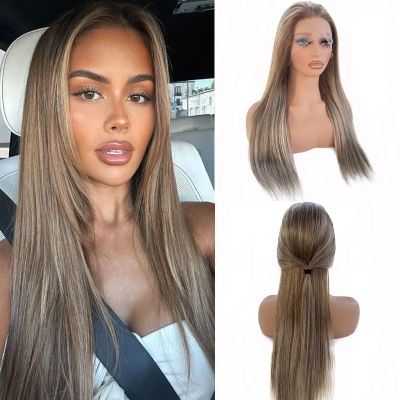 13*6 Highlight Lace Frontal Human Hair Wigs, Light Brown to Brown with Ash Blonde Ombre Straight Lace Front Wig 100% Remy Brazilian Hair for Women, Bleached Knots with Baby Hair Natural Hairline