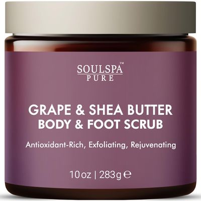 SOULSPA PURE Grape & Shea Butter Body & Foot Scrub - Rejuvenating & Antioxidant Rich Exfoliating Body Scrub for Glowing Skin, 10 oz