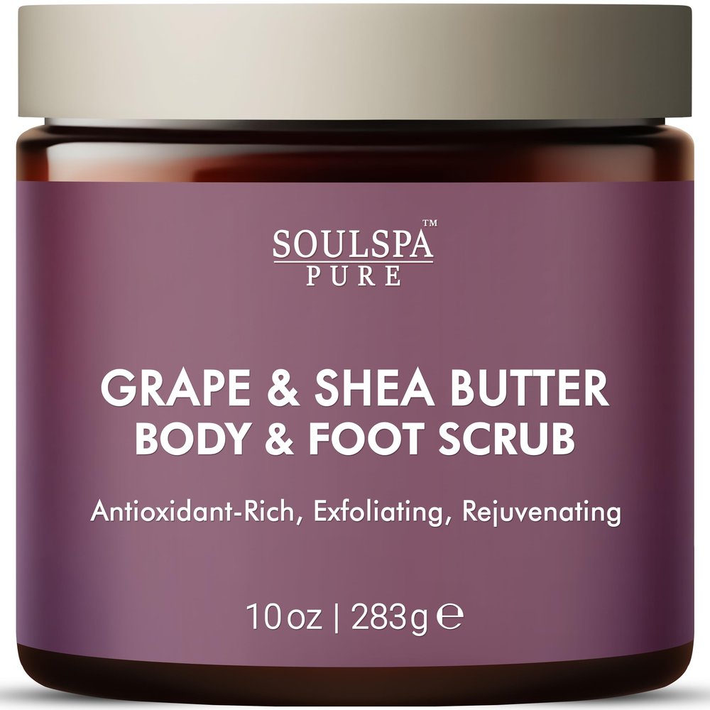 SOULSPA PURE Grape & Shea Butter Body & Foot Scrub - Rejuvenating & Antioxidant Rich Exfoliating Body Scrub for Glowing Skin, 10 oz