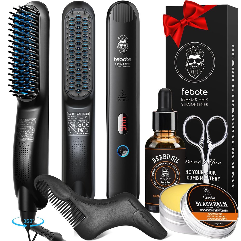 FEBOTE Beard Straightener Kit for Man- Heated Grooming Beard Brush, Beard Balm,Comb,Beard Growth Oil, Value Gift Set for Fathers Day,No-Scald,for Soft,Thick,Curly Beard,Prevent Damage