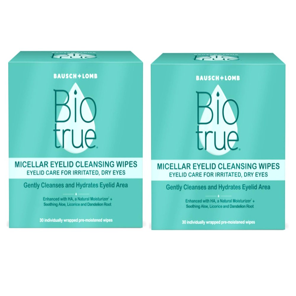 Biotrue Micellar Eyelid Care for Irritated and Dry Eyes Cleansing Wipes, from Bausch + Lomb, Multi, 30 Count ((Pack of 2))