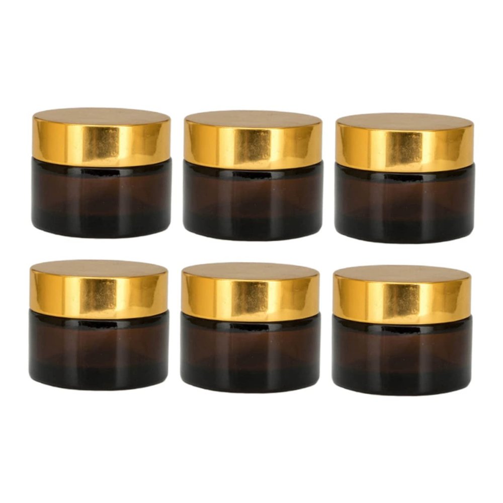 MUSISALY 6pcs Brown Glass Cream Bottles for Cosmetics Storage Empty Makeup Subpackaging Containers with Gold Caps Durable Lightweight Design for Travel and Daily Use