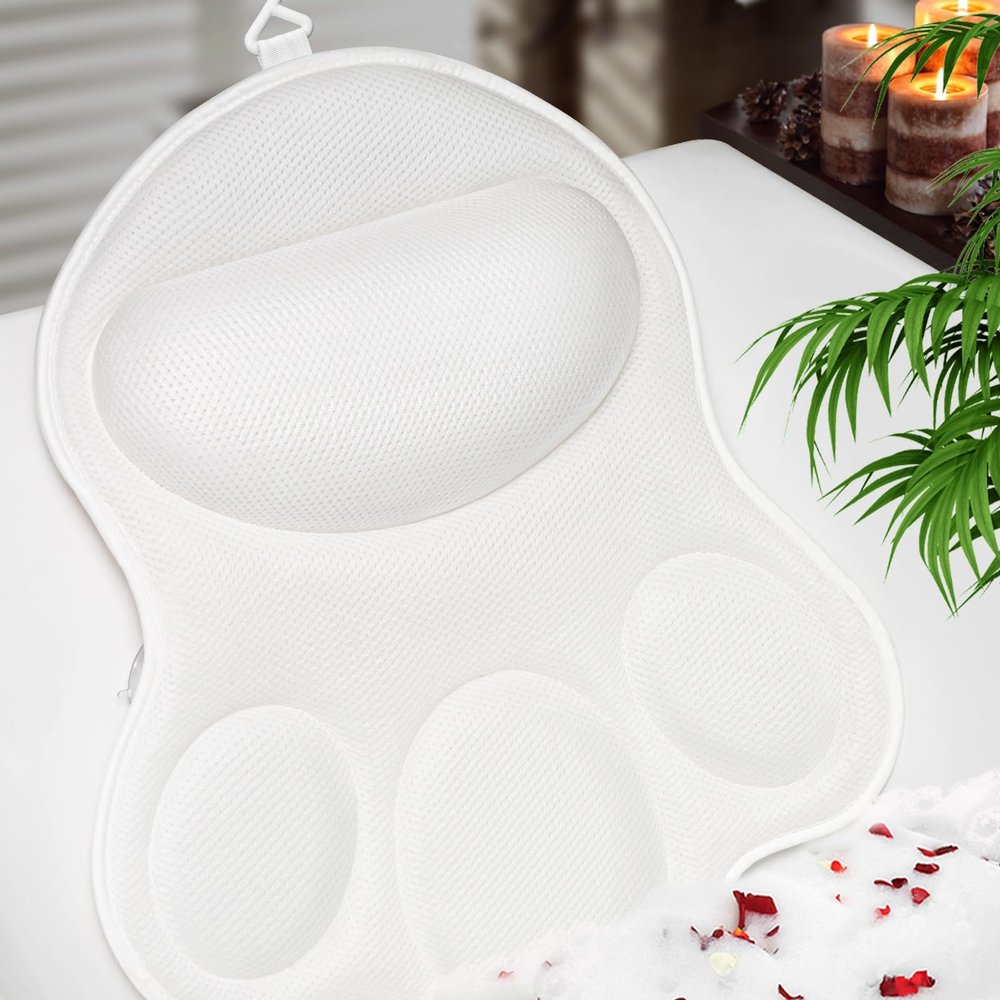JUSDOO Luxury Bath Pillows for Tub Extra Thick Non-Slip Bathtub Pillow with Rubber Back, Head & Neck Support for Soaking, Spa Bath Accessories, for Women, Fits All Bathtubs (White)