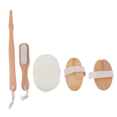Outanaya 1set Natural Bamboo Bath Brush Foot Scrub Kit Double-Sided Exfoliating Body Shower Brush and Long Handle Back Scrubber for and Relaxation