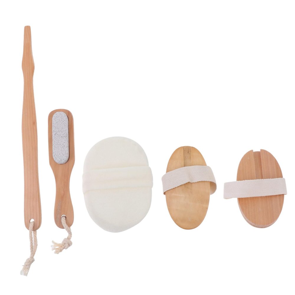 Outanaya 1set Natural Bamboo Bath Brush Foot Scrub Kit Double-Sided Exfoliating Body Shower Brush and Long Handle Back Scrubber for and Relaxation