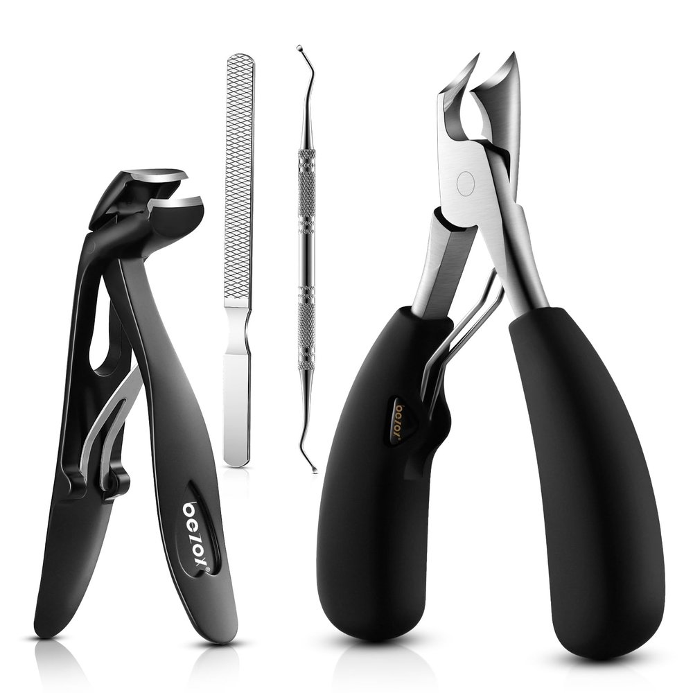 BEZOX Toenail Clipper Kit 4PCS Nail Care Set for Ingrown Toenails  Curved Head Toe Nail Clippers for Seniors for Thick Nails, Thick Fingernail Clippers, Long Nail File & Dual-Ended Lifter - Black