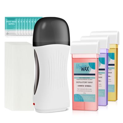 Roll On Wax Kit, Portable Wax Roller Kit for Hair Removal, Beginners Waxing Kit Soft Heater for All Skin Types with 3 Pcs 100g Roll on Cartridge, 100 Non-Woven Strips & 10 After Oil Wipes (F8_White)