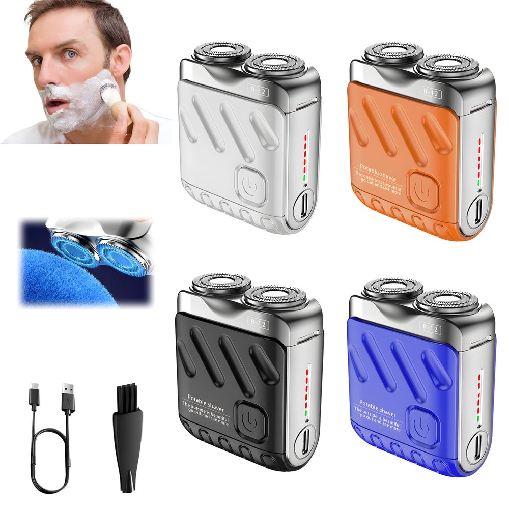 Electric Mini Portable Razor, Men's Portable Mini Electric Shaver, R-12 Portable Suitcase Design Double-Ring Magnetic Cutter, Beard Shaver Traveler Waterproof Pocket Beard Shaver for Men (4PCS)